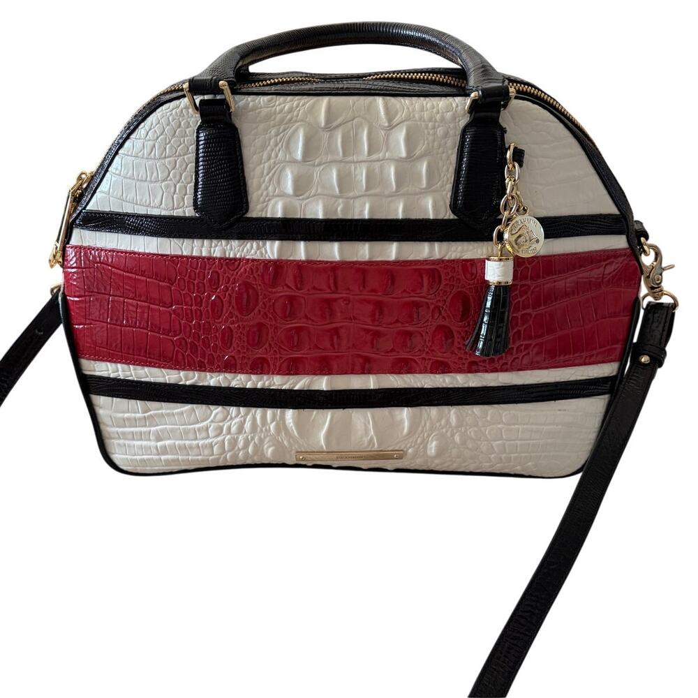 Retired Brahmin Hudson Satchel Magnolia Stripe Melbourne Leather Dome Crossbody - Picture 6 of 10